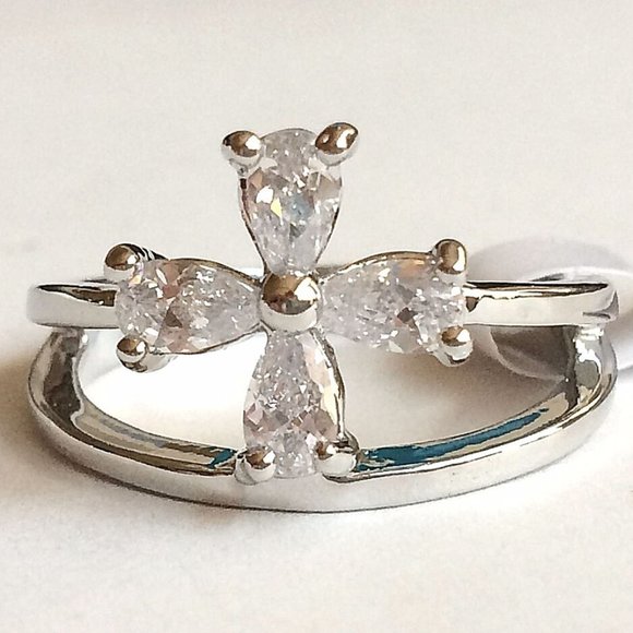 Flower Cocktail Ring Size 9 Cross Pear Cut Cubic Zirconia Silver RhodiumPlated - Picture 4 of 12